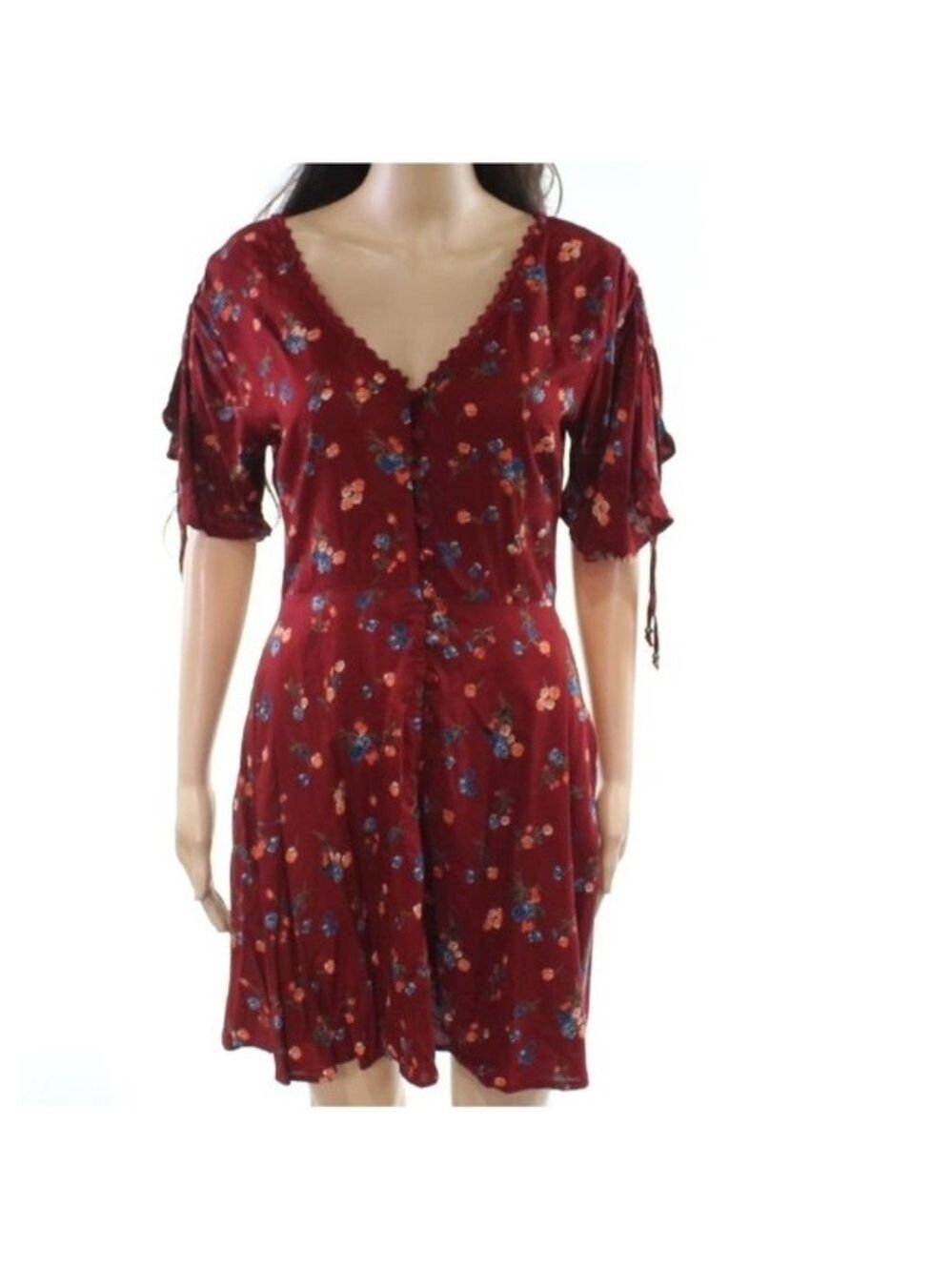 Angie Burgundy Floral Tie Flutter Sleeve Dress